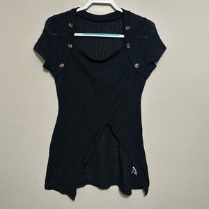 SHEIN Women's Sweater L Black Short Sleeve Mesh Waffle Knit Asymmetrical Top